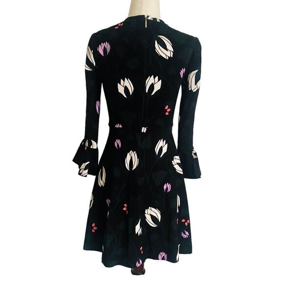Kate Spade Long Bell Sleeve Floral Print Mini Dress Black Stretchy XXS Zip AG23 - Picture 2 of 13